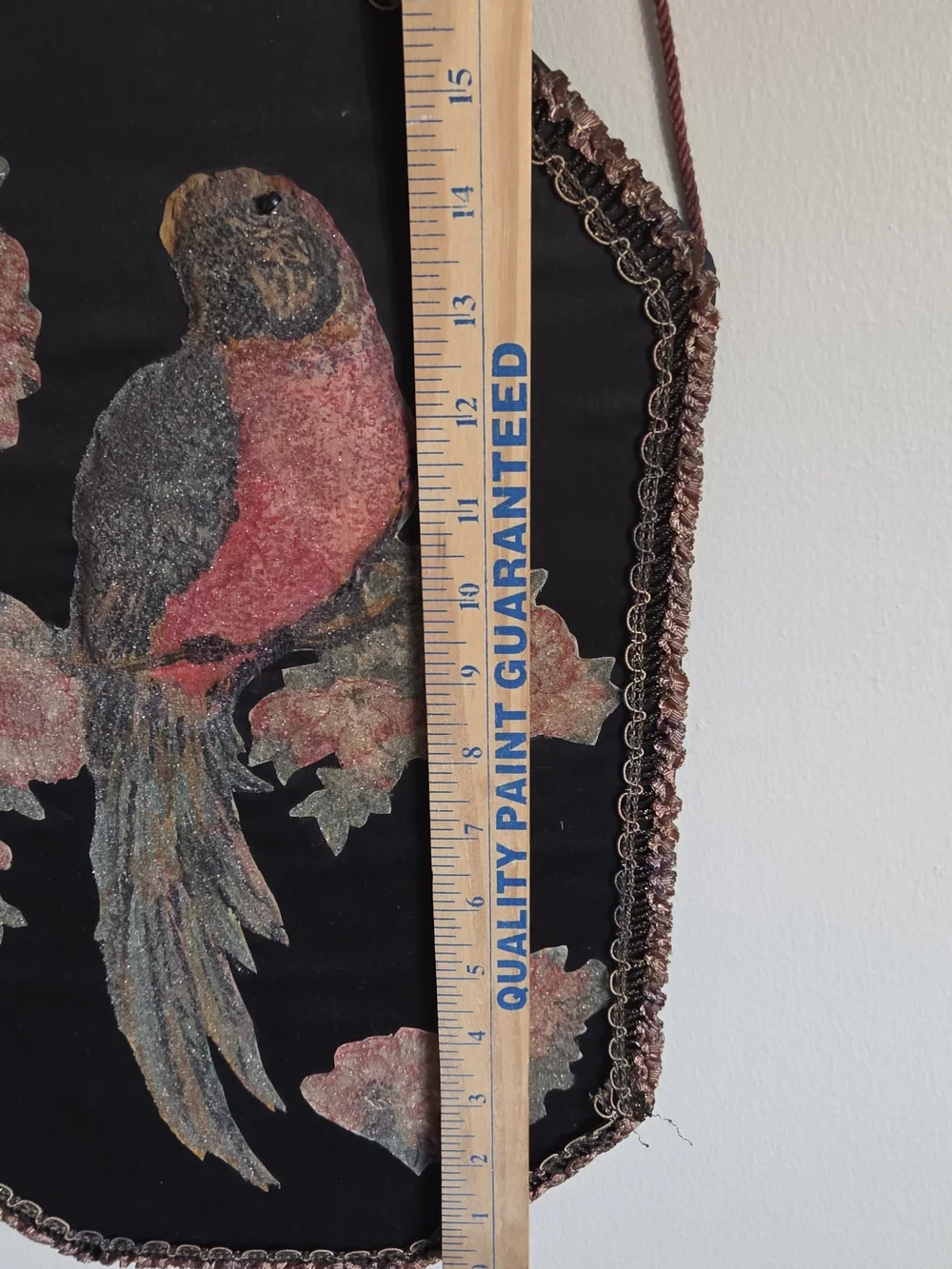 Decorative Black Velvet Bird Wall Hanging with Pink and Brown Embroidery